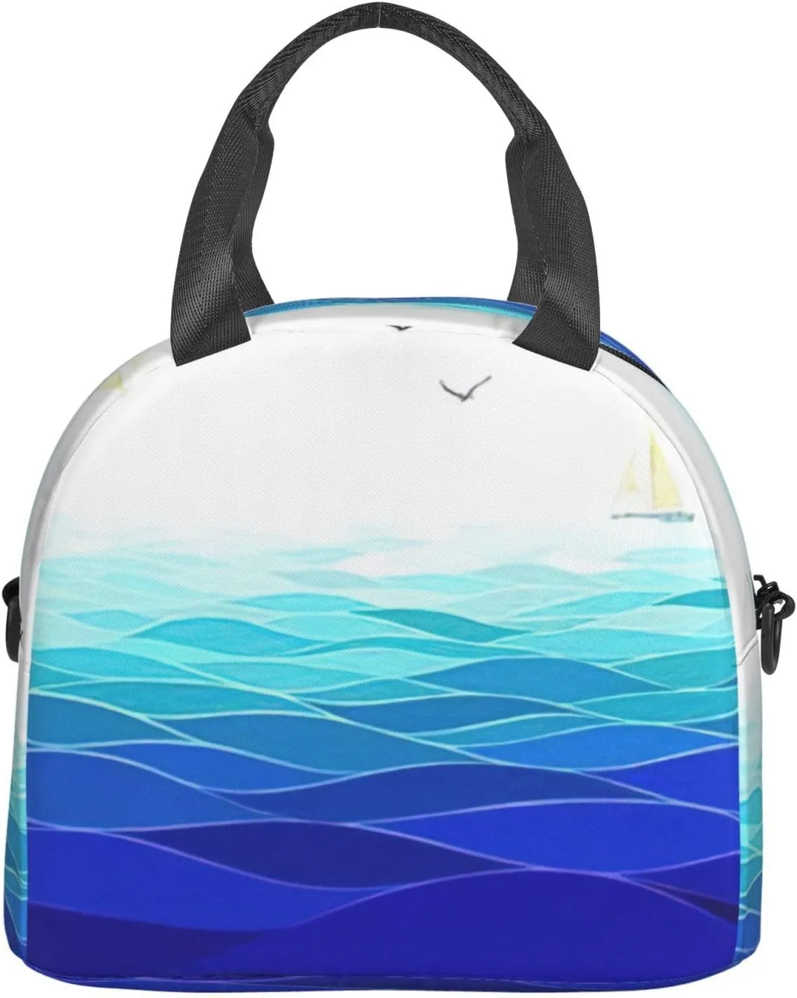 Ocean Waves Sailboat With Birds Maritime Print Lunch Bag With Adjustable Shoulder Strap,Leakproof,Tote Bag For Office Work,Picnic And Outdoor
