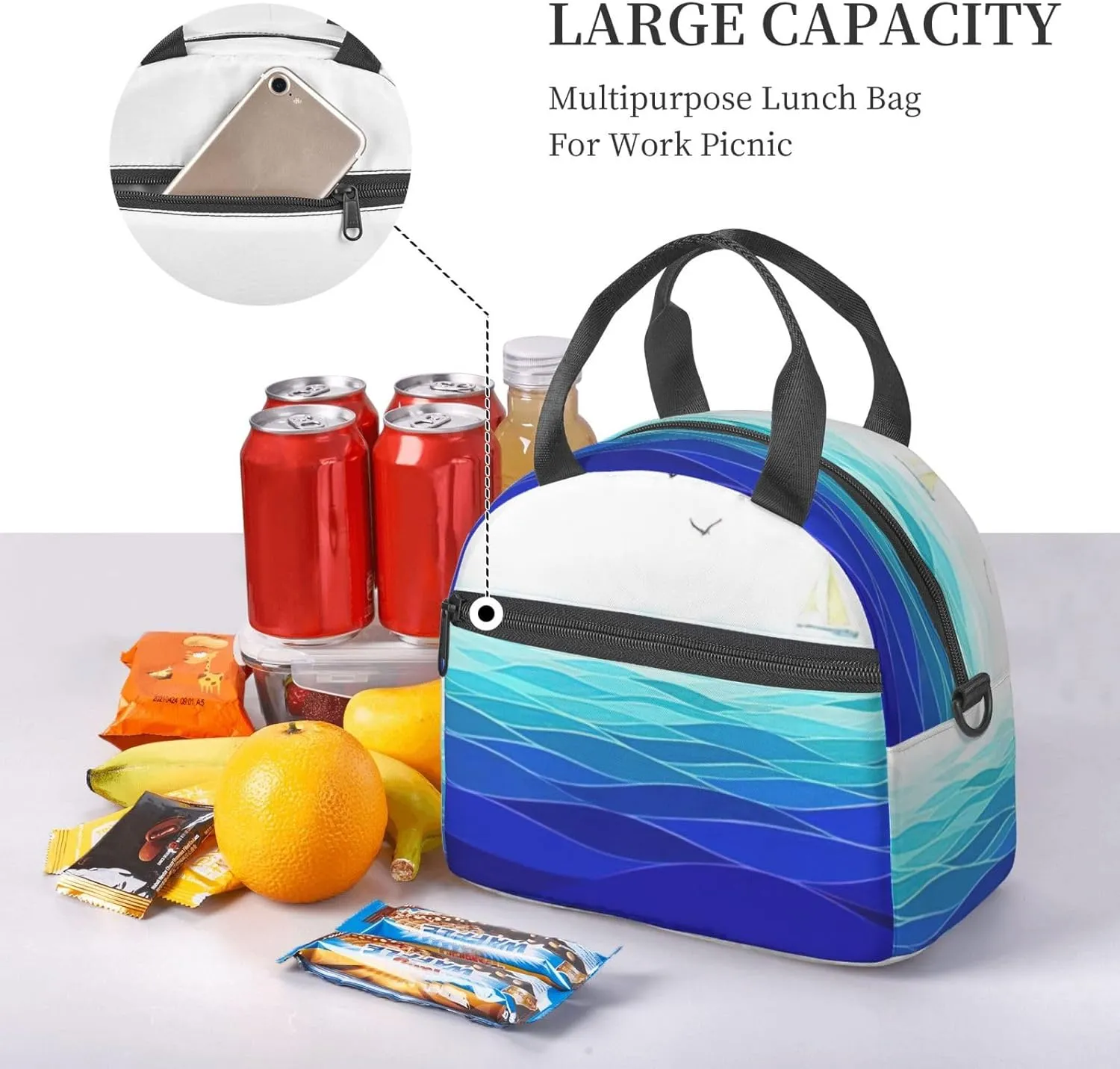 Ocean Waves Sailboat With Birds Maritime Print Lunch Bag With Adjustable Shoulder Strap,Leakproof,Tote Bag For Office Work,Picnic And Outdoor