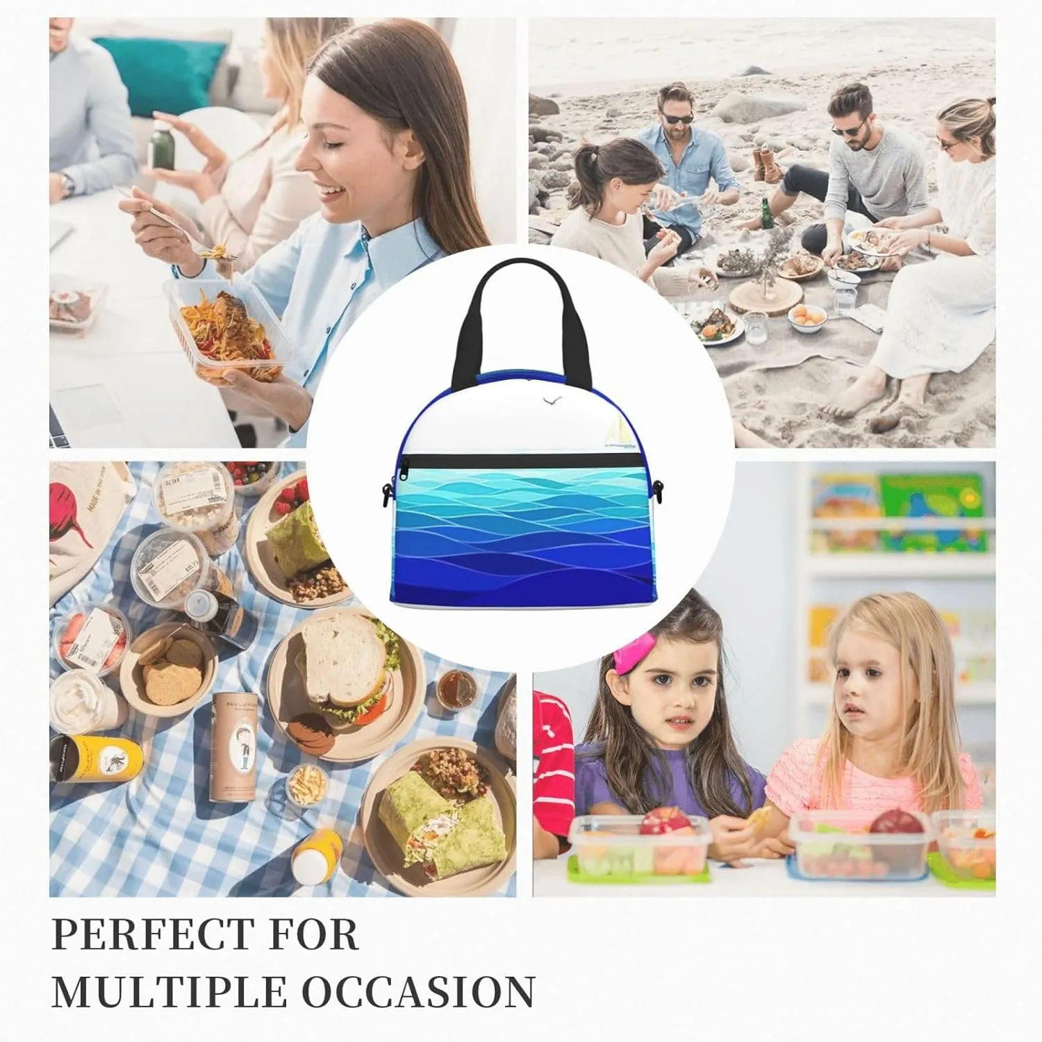 Ocean Waves Sailboat With Birds Maritime Print Lunch Bag With Adjustable Shoulder Strap,Leakproof,Tote Bag For Office Work,Picnic And Outdoor