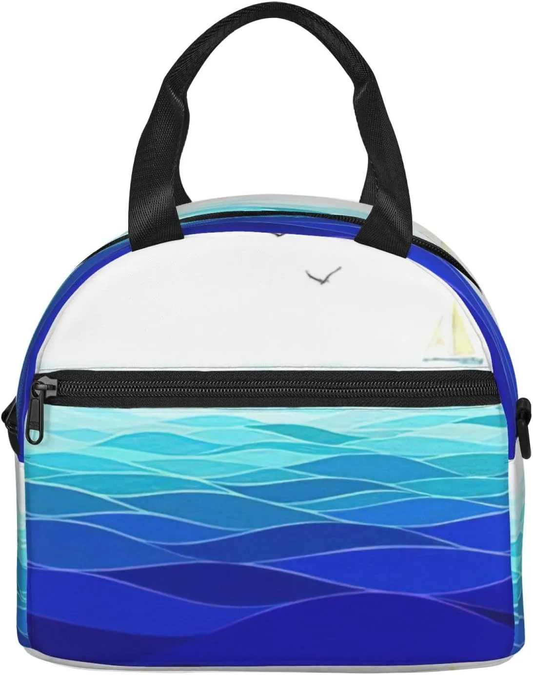 Ocean Waves Sailboat With Birds Maritime Print Lunch Bag With Adjustable Shoulder Strap,Leakproof,Tote Bag For Office Work,Picnic And Outdoor