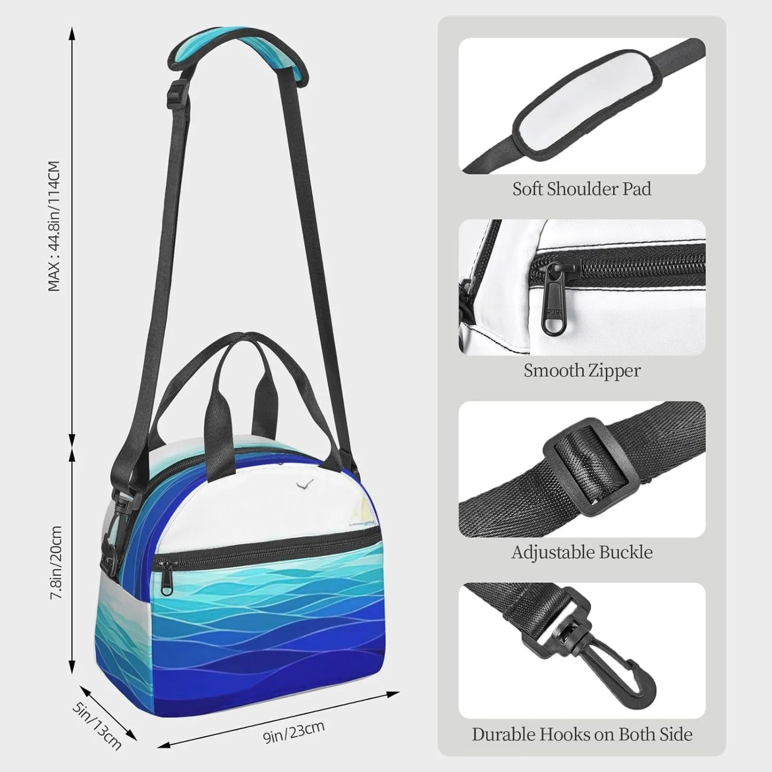 Ocean Waves Sailboat With Birds Maritime Print Lunch Bag With Adjustable Shoulder Strap,Leakproof,Tote Bag For Office Work,Picnic And Outdoor