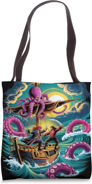 Octopus Kraken Pirate Duel in Stormy Sea Tote Bag