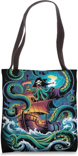 Octopus Kraken Pirate Shipwreck in a Storm Tote Bag