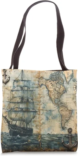 Old Vintage Nautical Map Pirate Ship Sailboat Sea Ocean Map Tote Bag
