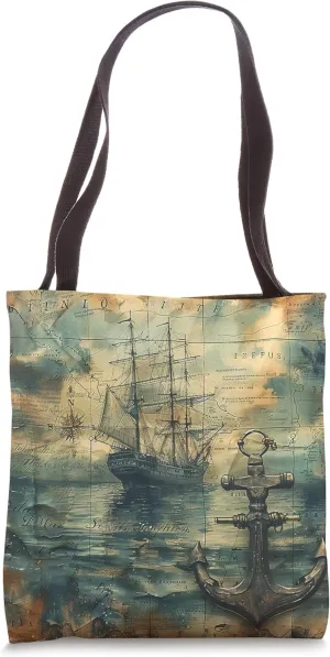 Old Vintage Nautical Map Pirate Ship Sailboat Sea Ocean Map Tote Bag