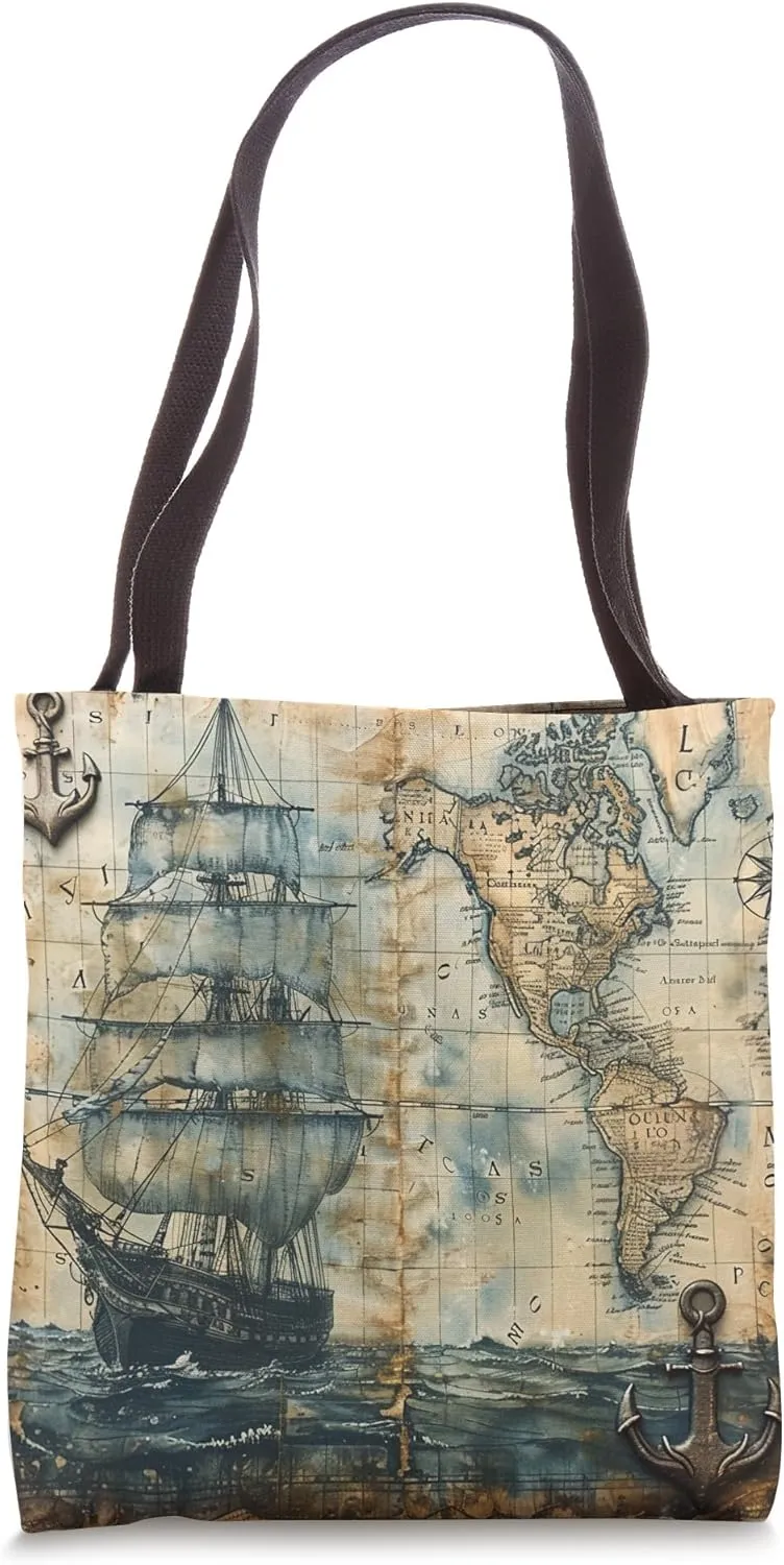 Old Vintage Nautical Map Pirate Ship Sailboat Sea Ocean Map Tote Bag
