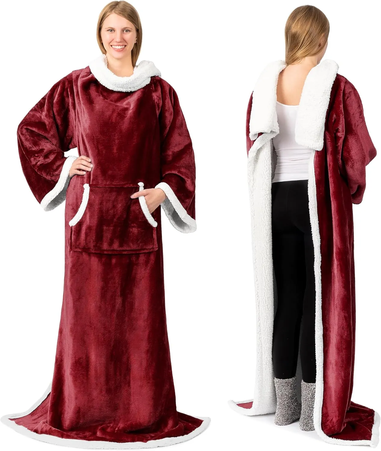 PAVILIA Sherpa Wearable Blanket with Sleeves and Pocket, Plush Thick Cozy Body Blanket Wrap for Adult Women Men, Christmas Gift for Wife Mom, Burgundy Red