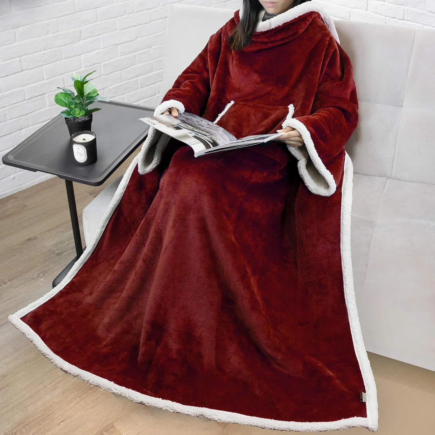 PAVILIA Sherpa Wearable Blanket with Sleeves and Pocket, Plush Thick Cozy Body Blanket Wrap for Adult Women Men, Christmas Gift for Wife Mom, Burgundy Red