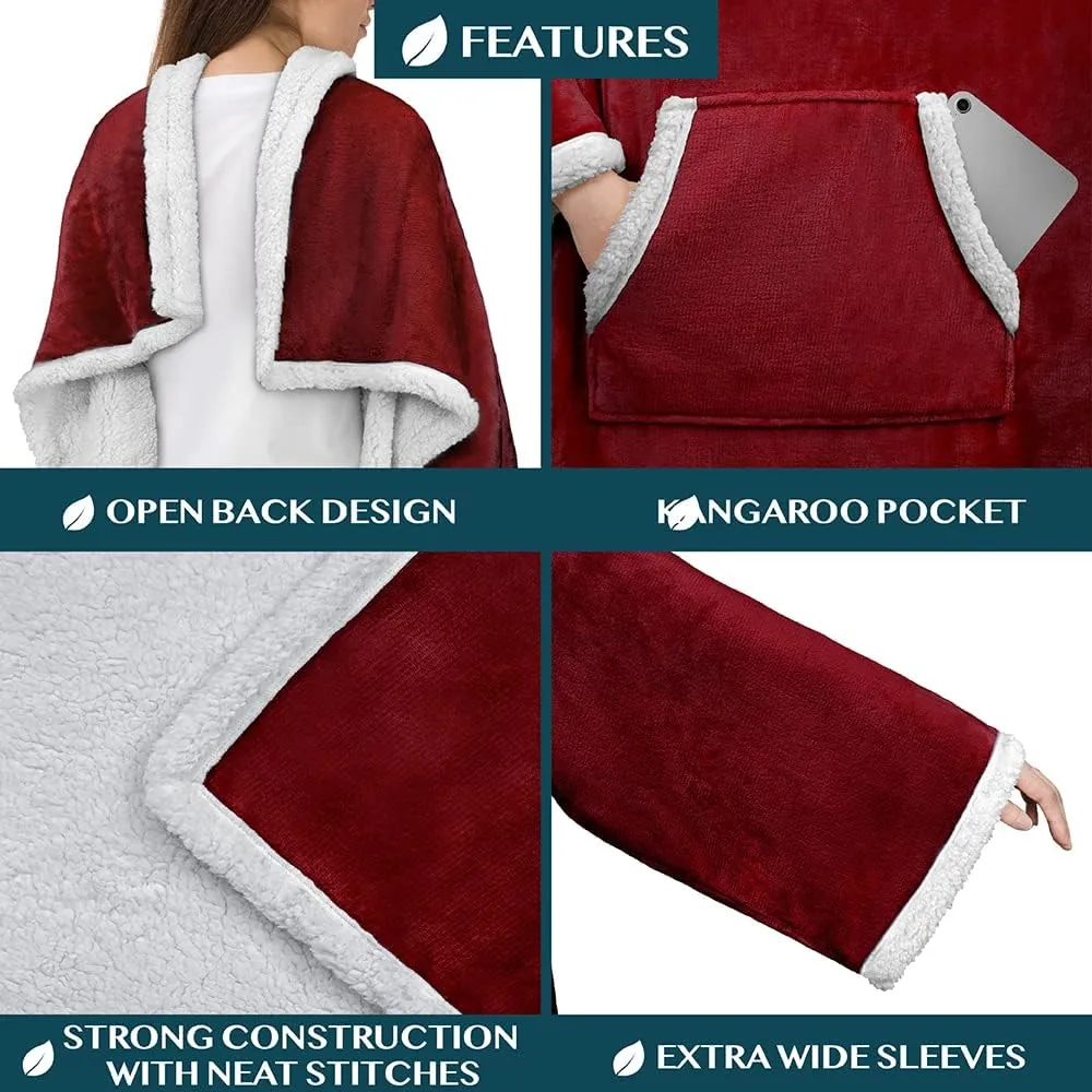 PAVILIA Sherpa Wearable Blanket with Sleeves and Pocket, Plush Thick Cozy Body Blanket Wrap for Adult Women Men, Christmas Gift for Wife Mom, Burgundy Red