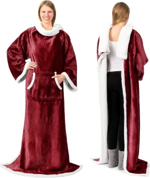 PAVILIA Sherpa Wearable Blanket with Sleeves and Pocket, Plush Thick Cozy Body Blanket Wrap for Adult Women Men, Christmas Gift for Wife Mom, Burgundy Red