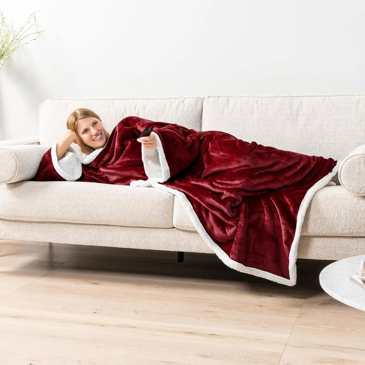 PAVILIA Sherpa Wearable Blanket with Sleeves and Pocket, Plush Thick Cozy Body Blanket Wrap for Adult Women Men, Christmas Gift for Wife Mom, Burgundy Red