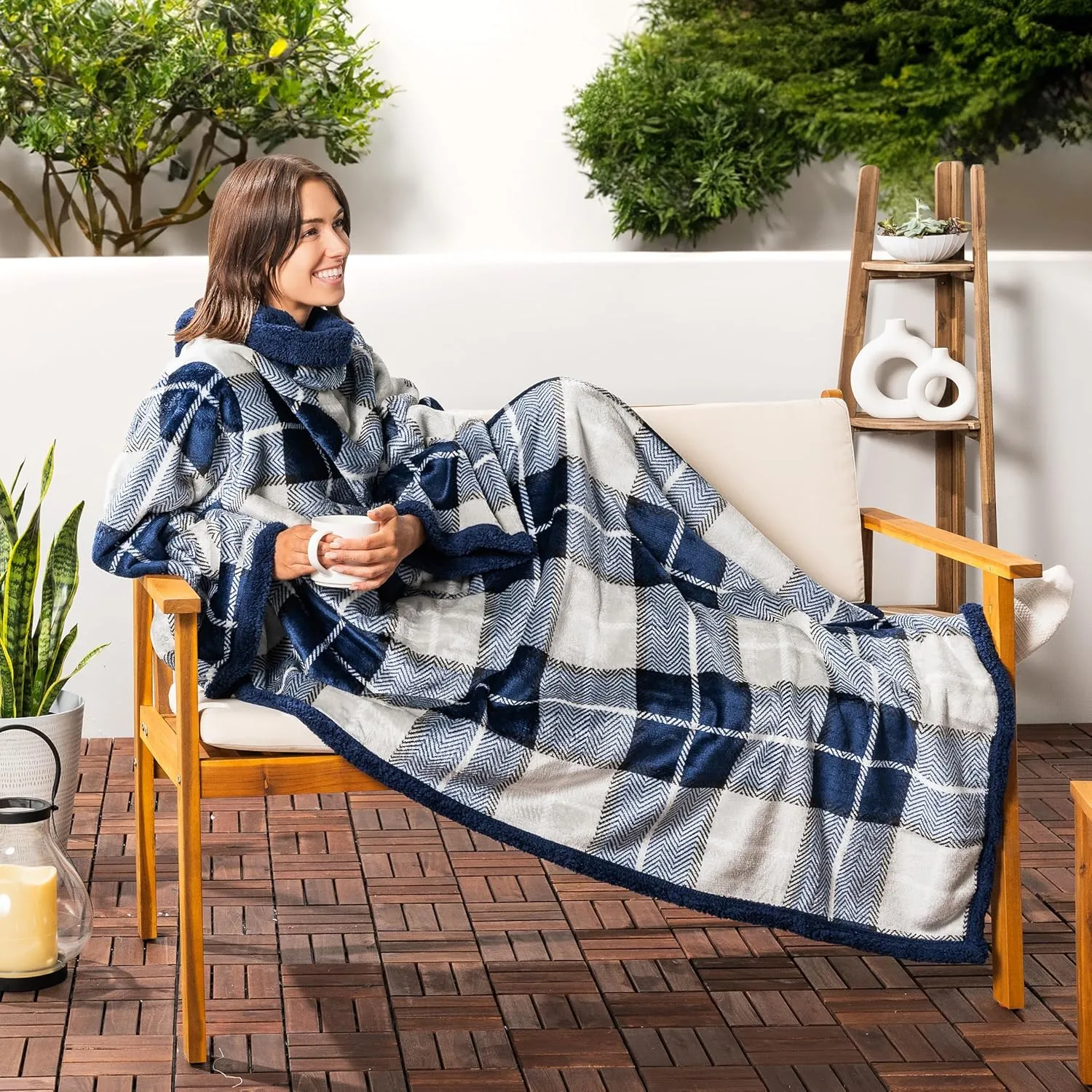 PAVILIA Sherpa Wearable Blanket with Sleeves and Pocket, Plush Thick Cozy Body Blanket Wrap for Adult Women Men, Christmas Gift for Wife Mom, Plaid Navy Blue