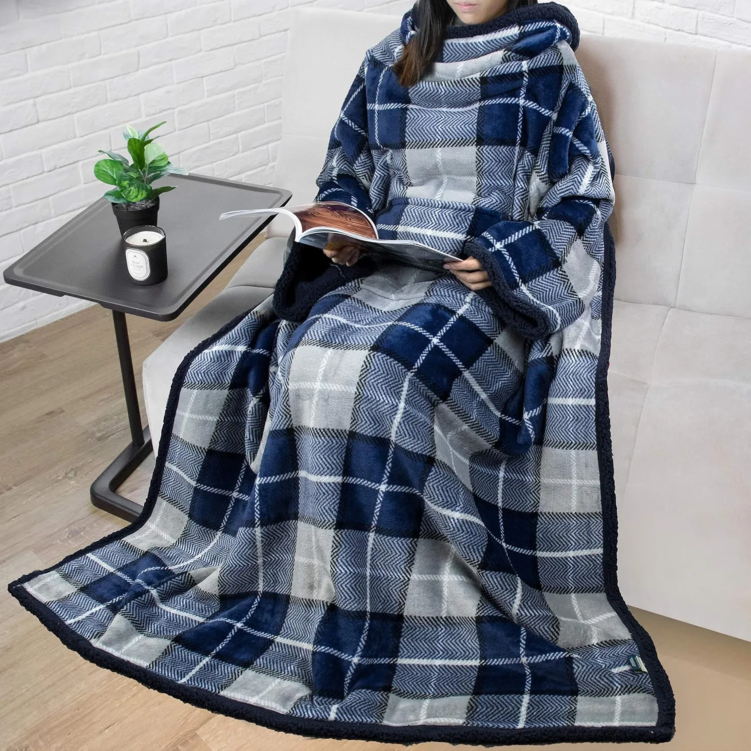 PAVILIA Sherpa Wearable Blanket with Sleeves and Pocket, Plush Thick Cozy Body Blanket Wrap for Adult Women Men, Christmas Gift for Wife Mom, Plaid Navy Blue