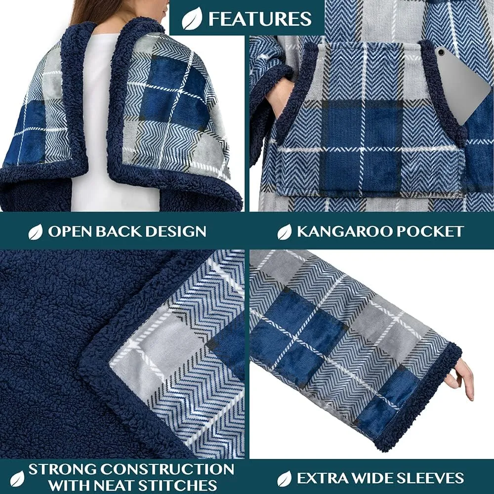 PAVILIA Sherpa Wearable Blanket with Sleeves and Pocket, Plush Thick Cozy Body Blanket Wrap for Adult Women Men, Christmas Gift for Wife Mom, Plaid Navy Blue