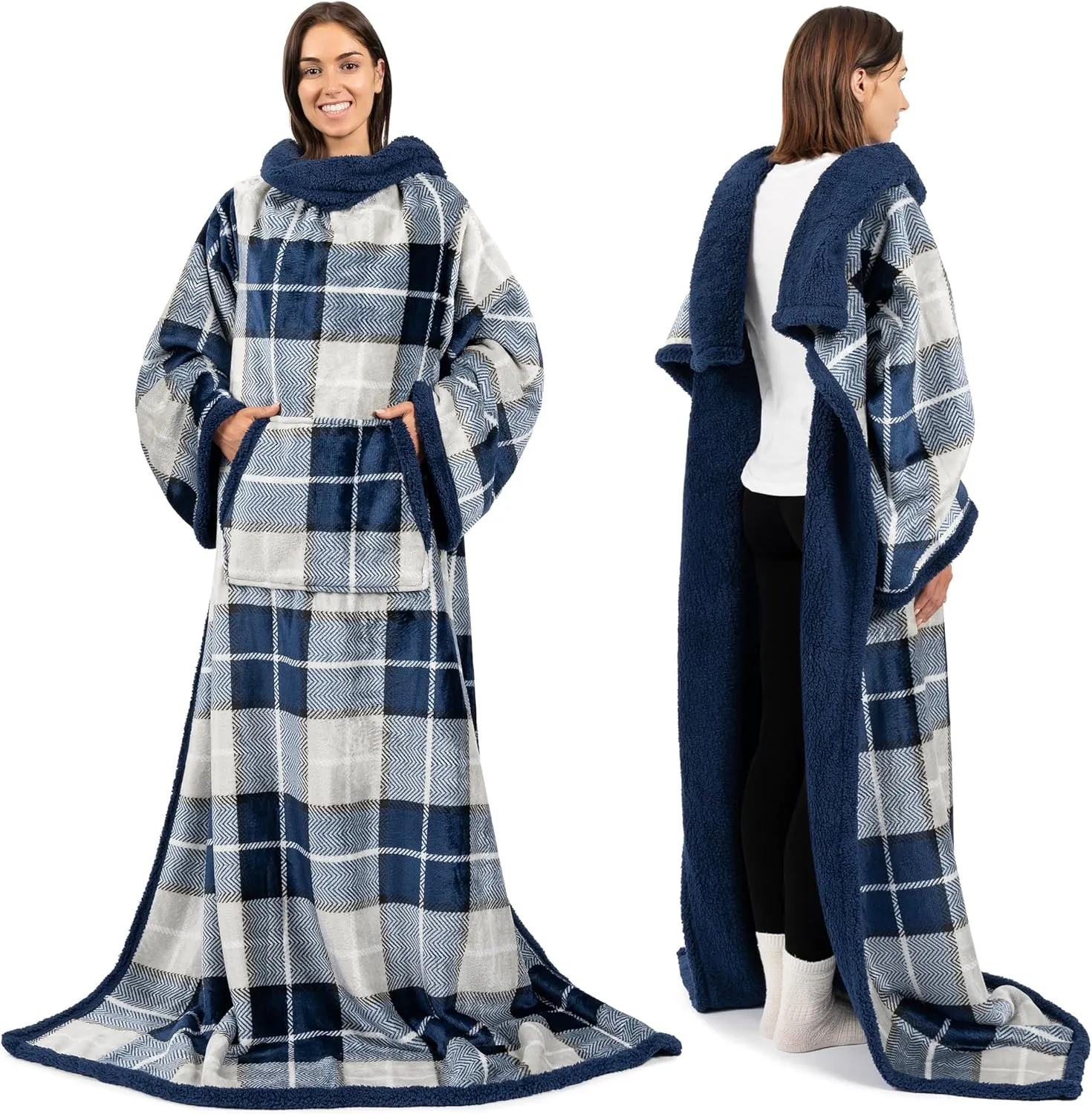 PAVILIA Sherpa Wearable Blanket with Sleeves and Pocket, Plush Thick Cozy Body Blanket Wrap for Adult Women Men, Christmas Gift for Wife Mom, Plaid Navy Blue