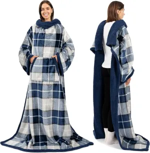 PAVILIA Sherpa Wearable Blanket with Sleeves and Pocket, Plush Thick Cozy Body Blanket Wrap for Adult Women Men, Christmas Gift for Wife Mom, Plaid Navy Blue