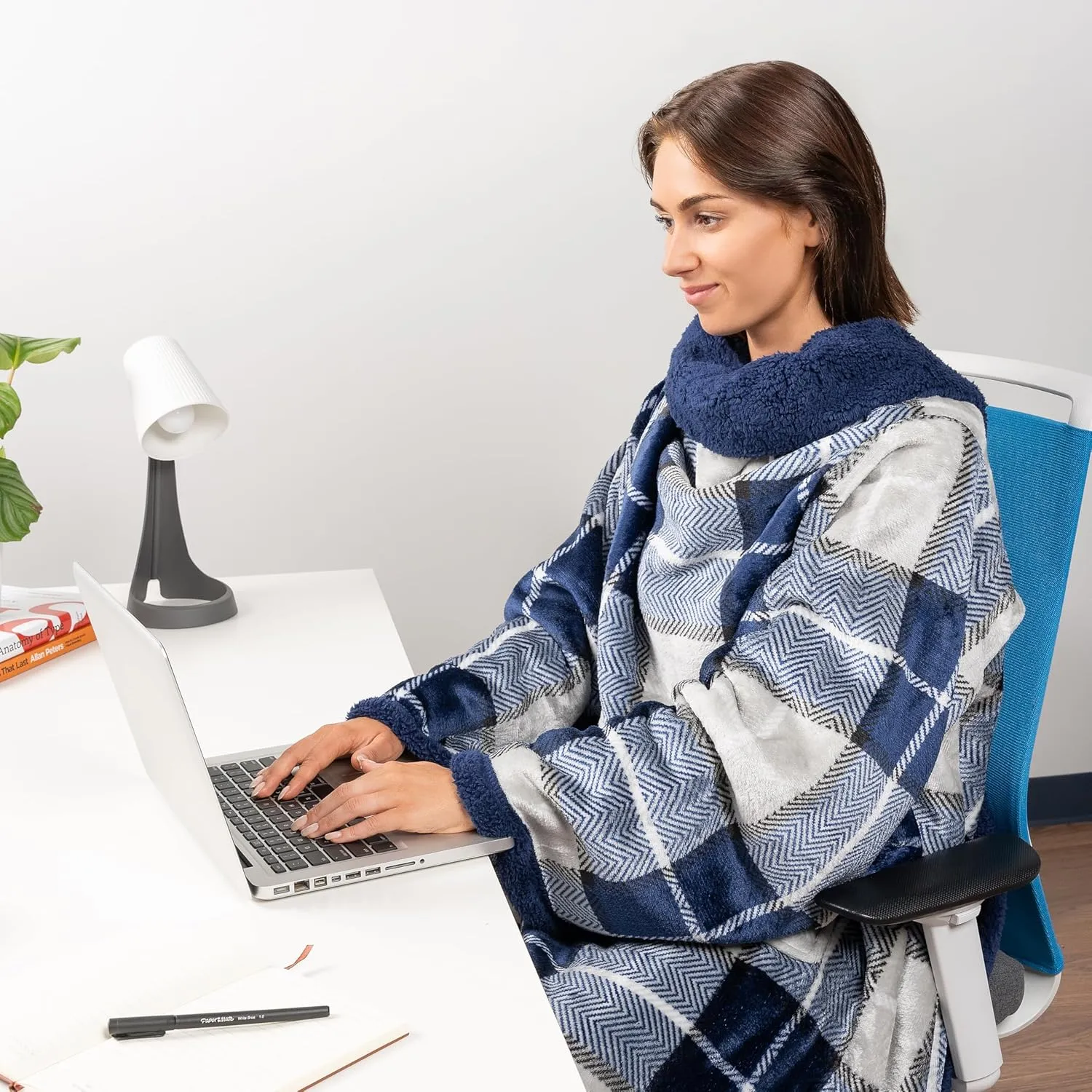 PAVILIA Sherpa Wearable Blanket with Sleeves and Pocket, Plush Thick Cozy Body Blanket Wrap for Adult Women Men, Christmas Gift for Wife Mom, Plaid Navy Blue