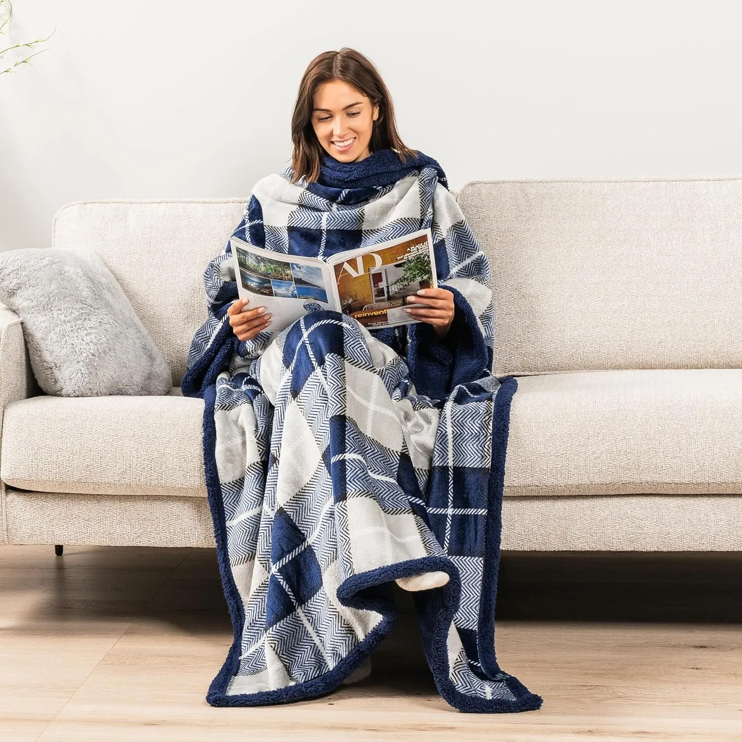 PAVILIA Sherpa Wearable Blanket with Sleeves and Pocket, Plush Thick Cozy Body Blanket Wrap for Adult Women Men, Christmas Gift for Wife Mom, Plaid Navy Blue