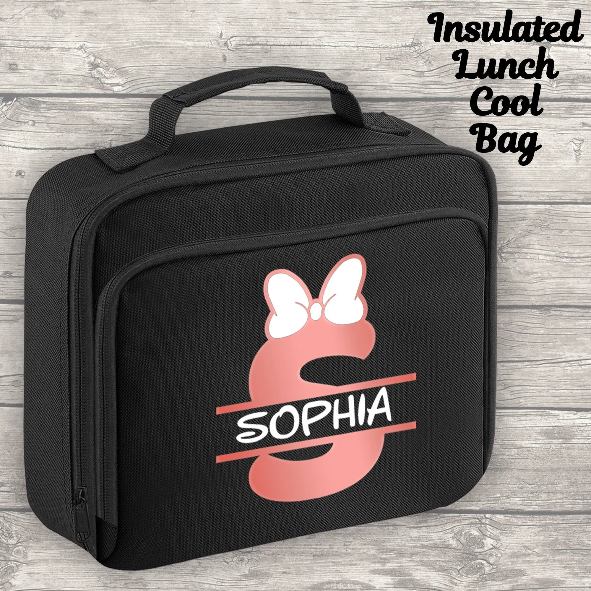 Personalised 12 Litre Backpack - Water Bottle - Lunch Bag - Pencil Case - Back To School - Name, Initial Bow in Rose Gold Print