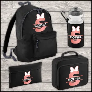 Personalised 12 Litre Backpack - Water Bottle - Lunch Bag - Pencil Case - Back To School - Name, Initial Bow in Rose Gold Print