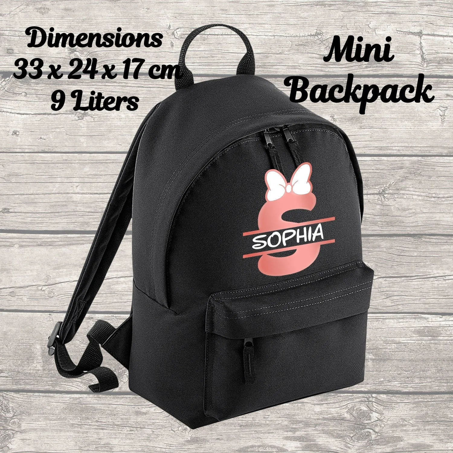 Personalised Backpack Kids 18 12 or 9 Litre Boys Girls Initial Name Lunch Bag Water Bottle Pencil Case School PE Bag Back To School Black