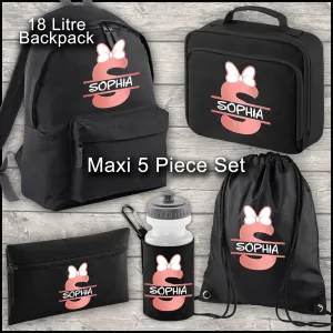 Personalised Backpack Kids 18 12 or 9 Litre Boys Girls Initial Name Lunch Bag Water Bottle Pencil Case School PE Bag Back To School Black