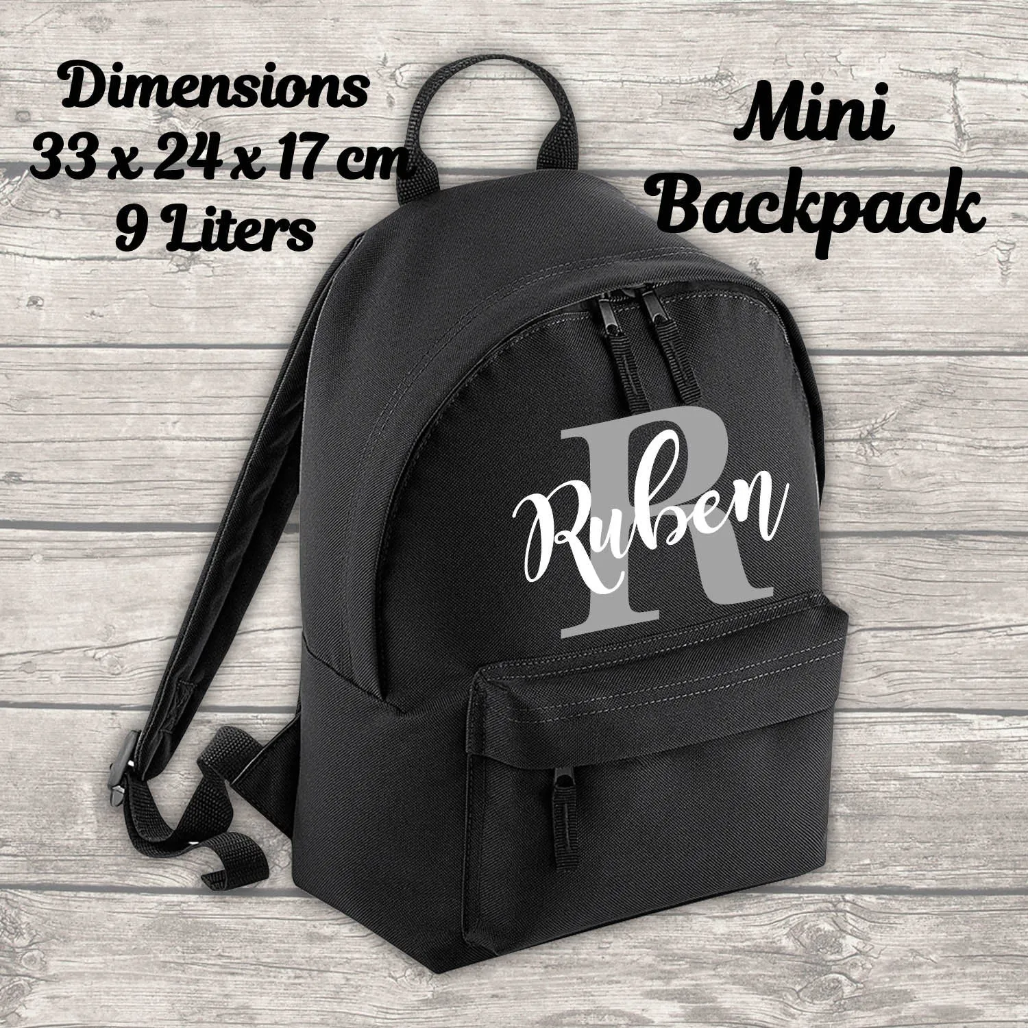 Personalised Backpack Kids 18 12 or 9 Litre Boys Girls Initial Name Lunch Bag Water Bottle Pencil Case School PE Bag Back To School Black