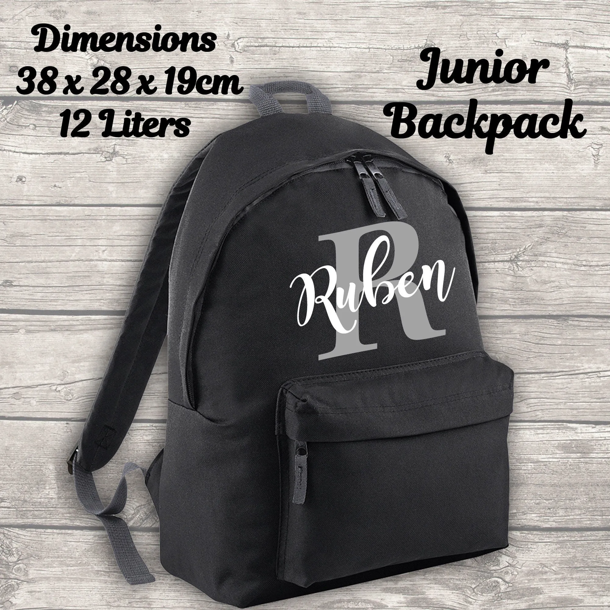 Personalised Backpack Kids 18 12 or 9 Litre Boys Girls Initial Name Lunch Bag Water Bottle Pencil Case School PE Bag Back To School Black