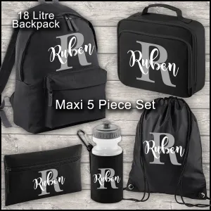 Personalised Backpack Kids 18 12 or 9 Litre Boys Girls Initial Name Lunch Bag Water Bottle Pencil Case School PE Bag Back To School Black