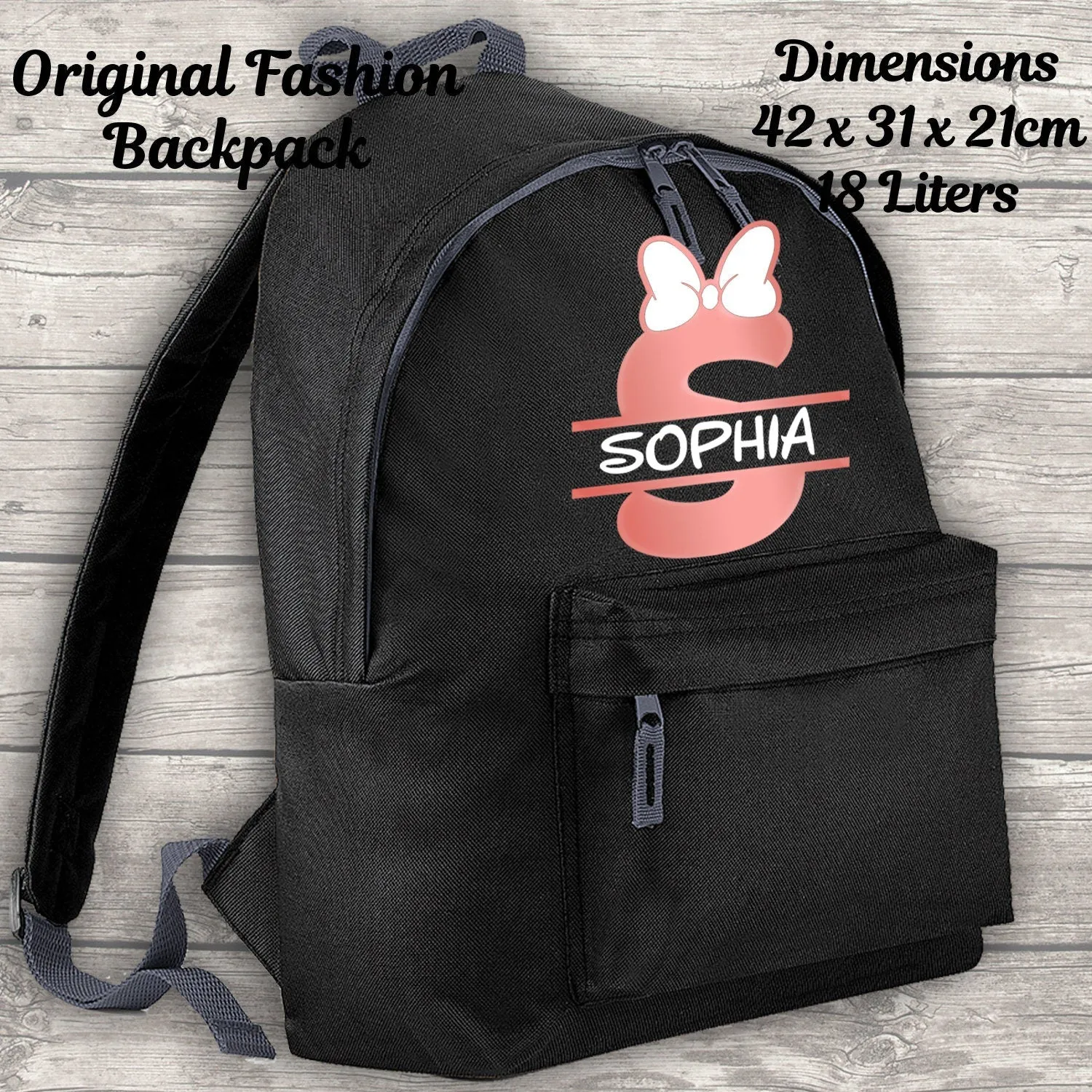 Personalised Backpack Kids 18 12 or 9 Litre Boys Girls Initial Name Lunch Bag Water Bottle Pencil Case School PE Bag Back To School Black