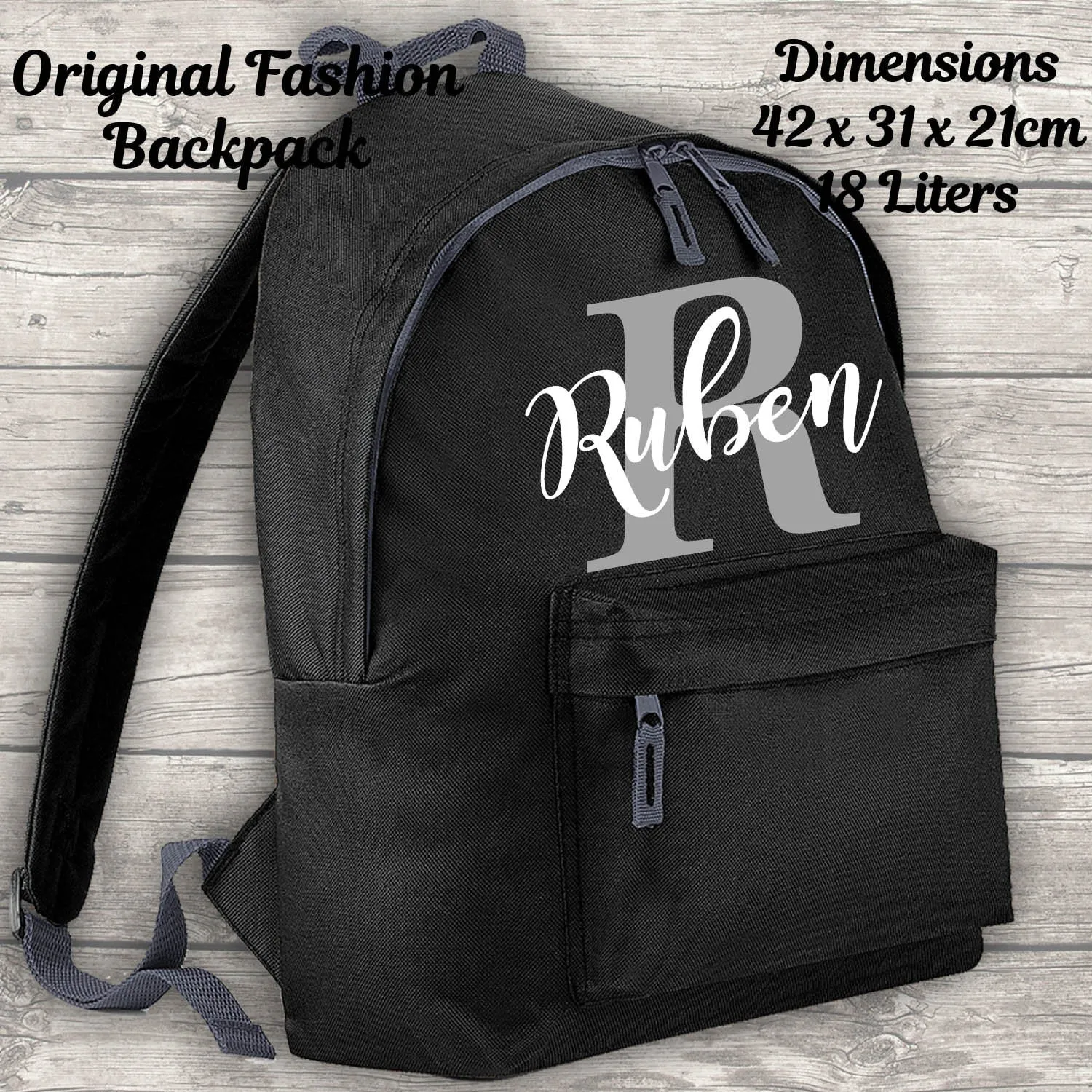 Personalised Backpack Kids 18 12 or 9 Litre Boys Girls Initial Name Lunch Bag Water Bottle Pencil Case School PE Bag Back To School Black