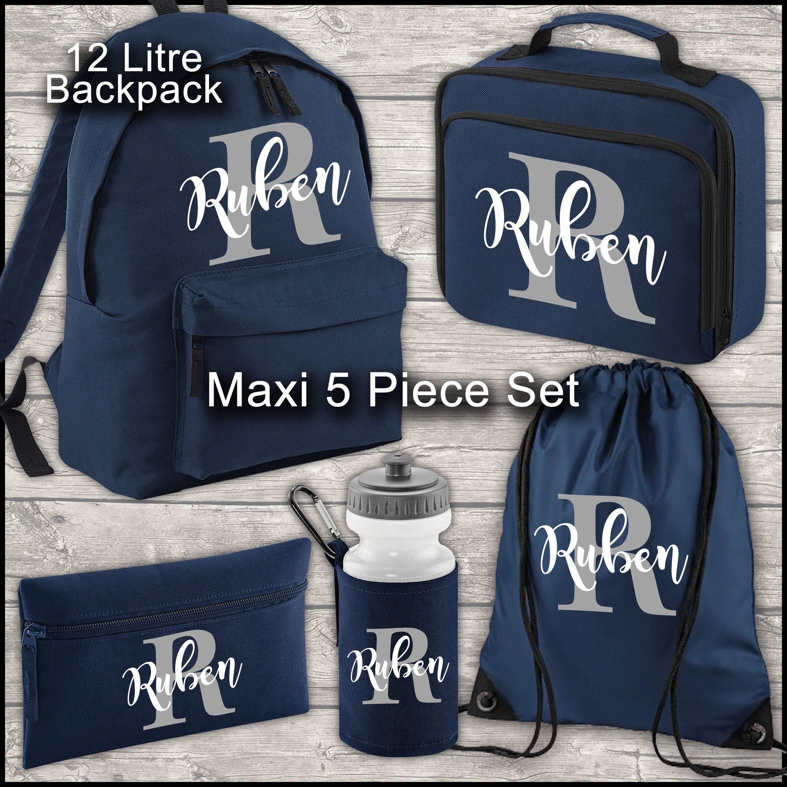 Personalised Backpack Kids 18 12 or 9 Litre Boys Girls Initial Name Lunch Bag Water Bottle Pencil Case School PE Bag Back To School Navy