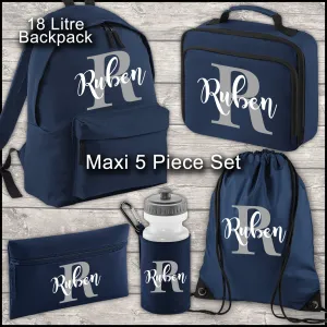 Personalised Backpack Kids 18 12 or 9 Litre Boys Girls Initial Name Lunch Bag Water Bottle Pencil Case School PE Bag Back To School Navy