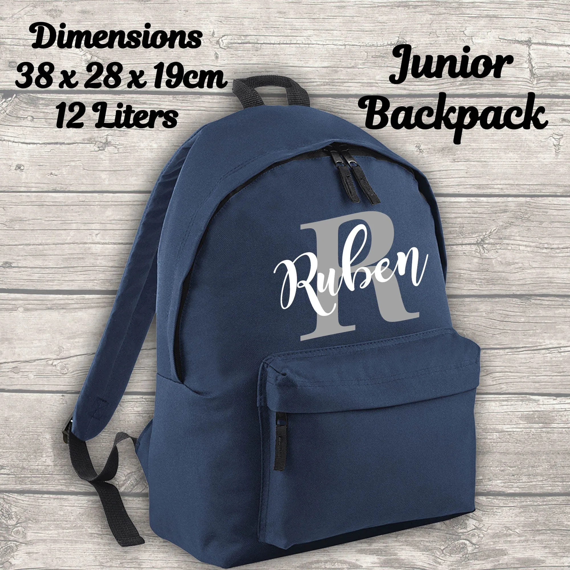 Personalised Backpack Kids 18 12 or 9 Litre Boys Girls Initial Name Lunch Bag Water Bottle Pencil Case School PE Bag Back To School Navy