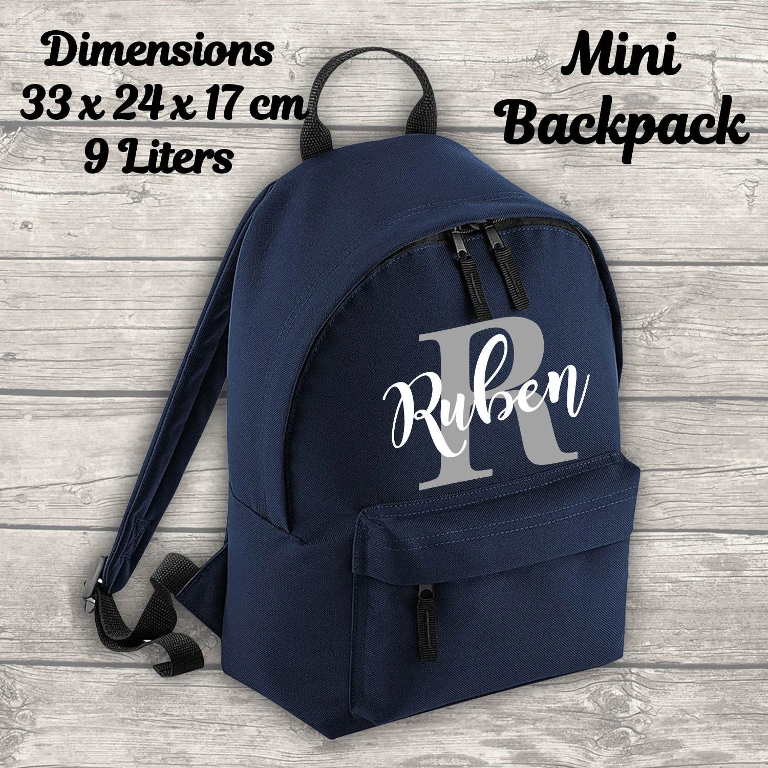 Personalised Backpack Kids 18 12 or 9 Litre Boys Girls Initial Name Lunch Bag Water Bottle Pencil Case School PE Bag Back To School Navy