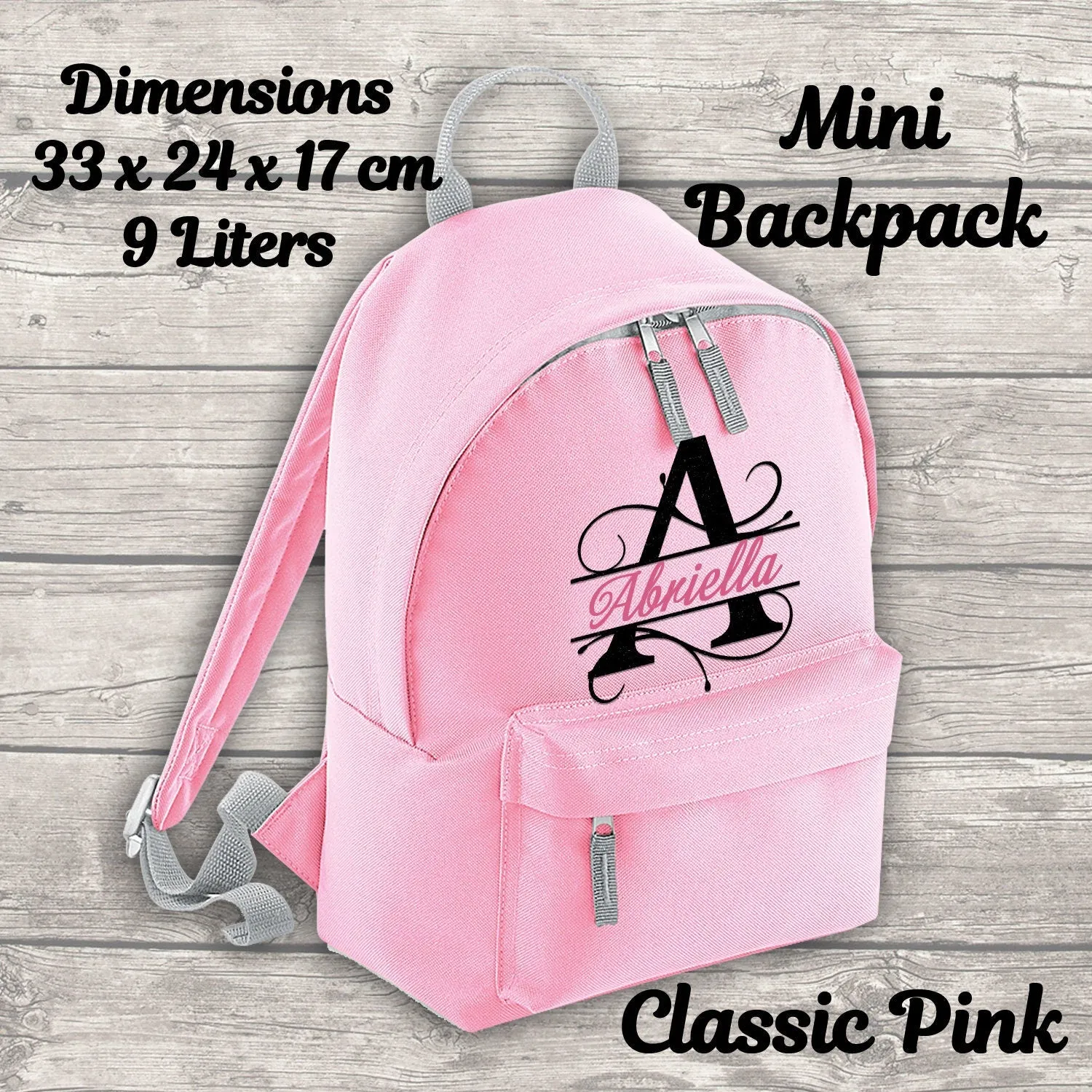 Personalised Backpack Kids 18 12 or 9 Litre Boys Girls Initial Name Lunch Bag Water Bottle Pencil Case School PE Bag Back To School Pink
