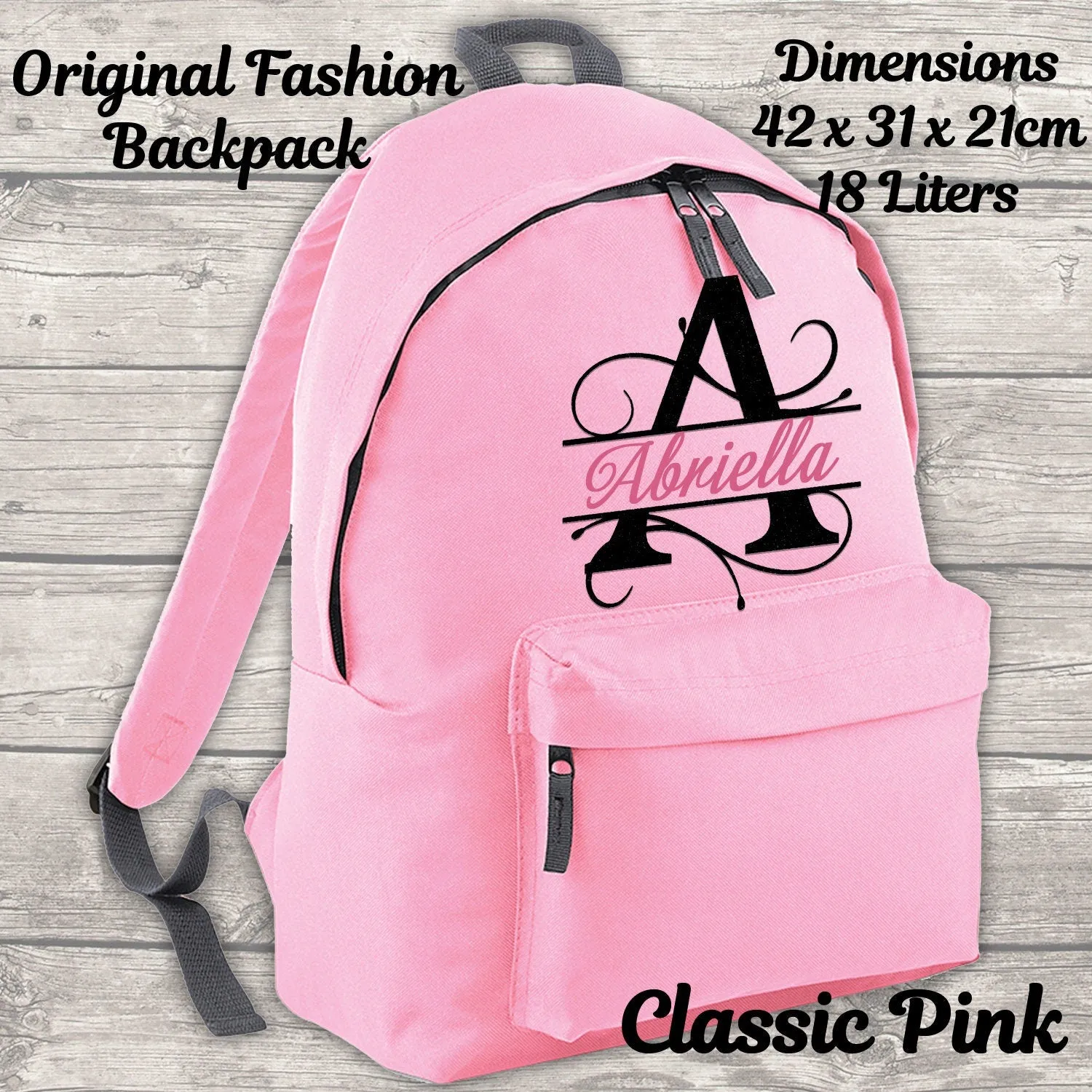 Personalised Backpack Kids 18 12 or 9 Litre Boys Girls Initial Name Lunch Bag Water Bottle Pencil Case School PE Bag Back To School Pink