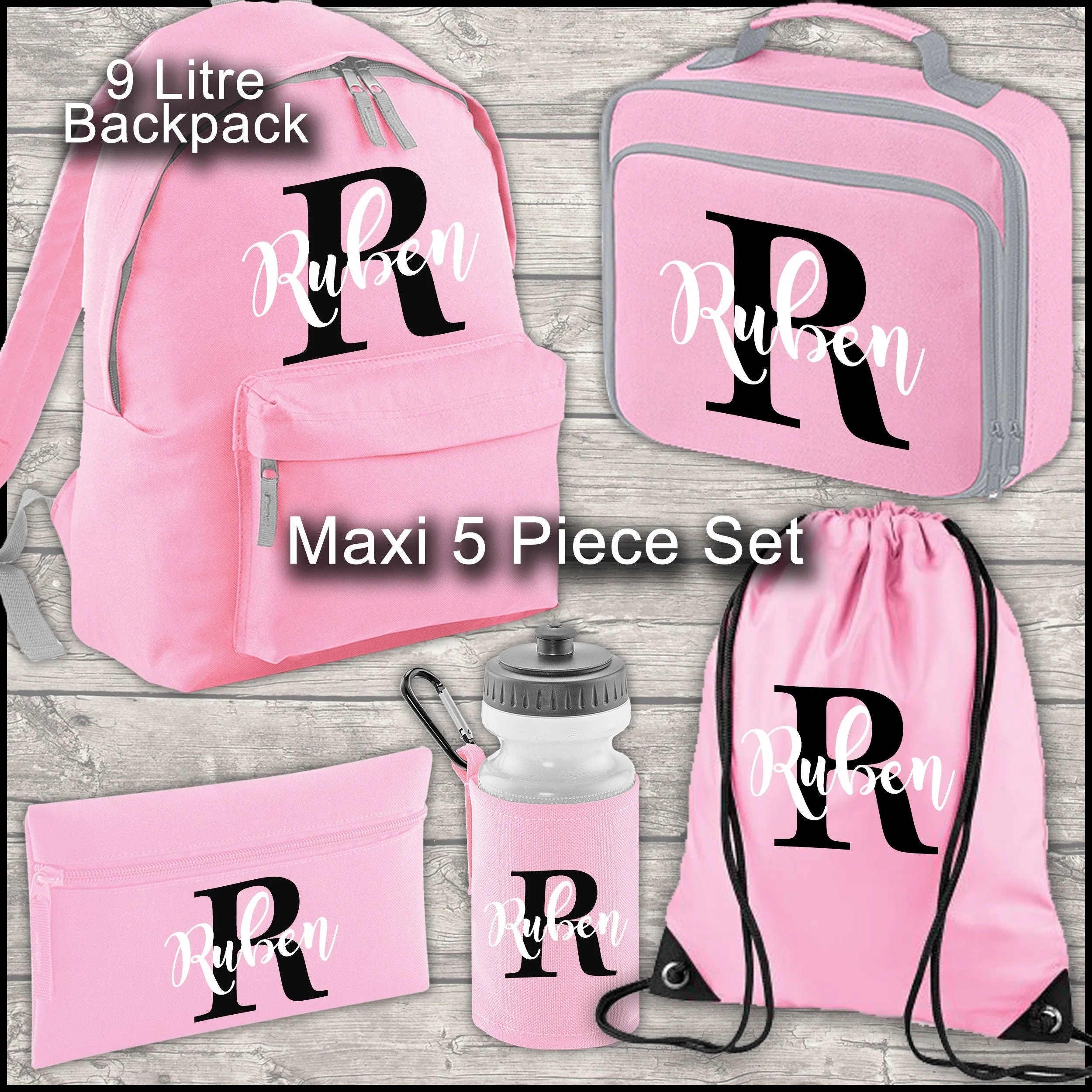 Personalised Backpack Kids 18 12 or 9 Litre Boys Girls Initial Name Lunch Bag Water Bottle Pencil Case School PE Bag Back To School Pink
