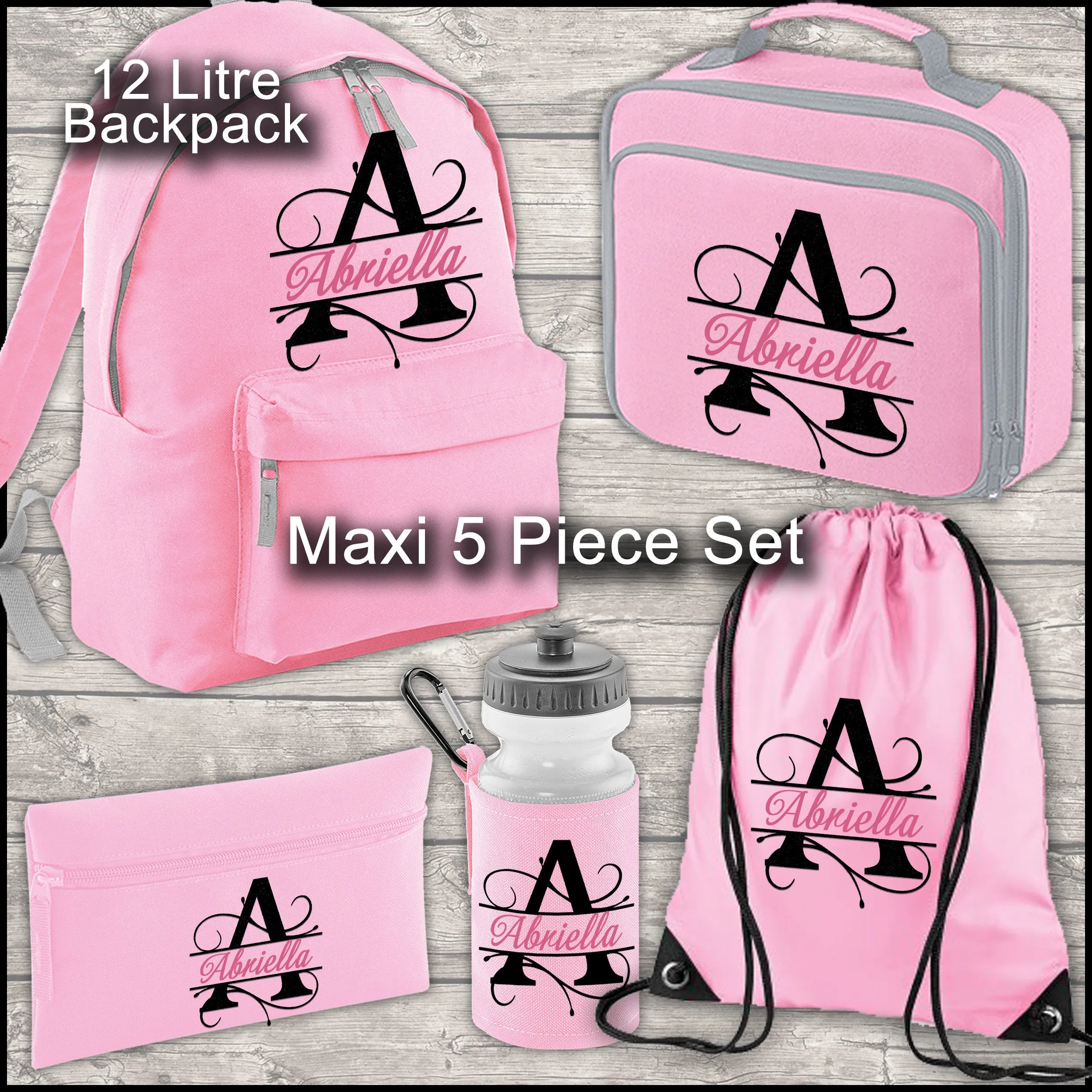 Personalised Backpack Kids 18 12 or 9 Litre Boys Girls Initial Name Lunch Bag Water Bottle Pencil Case School PE Bag Back To School Pink