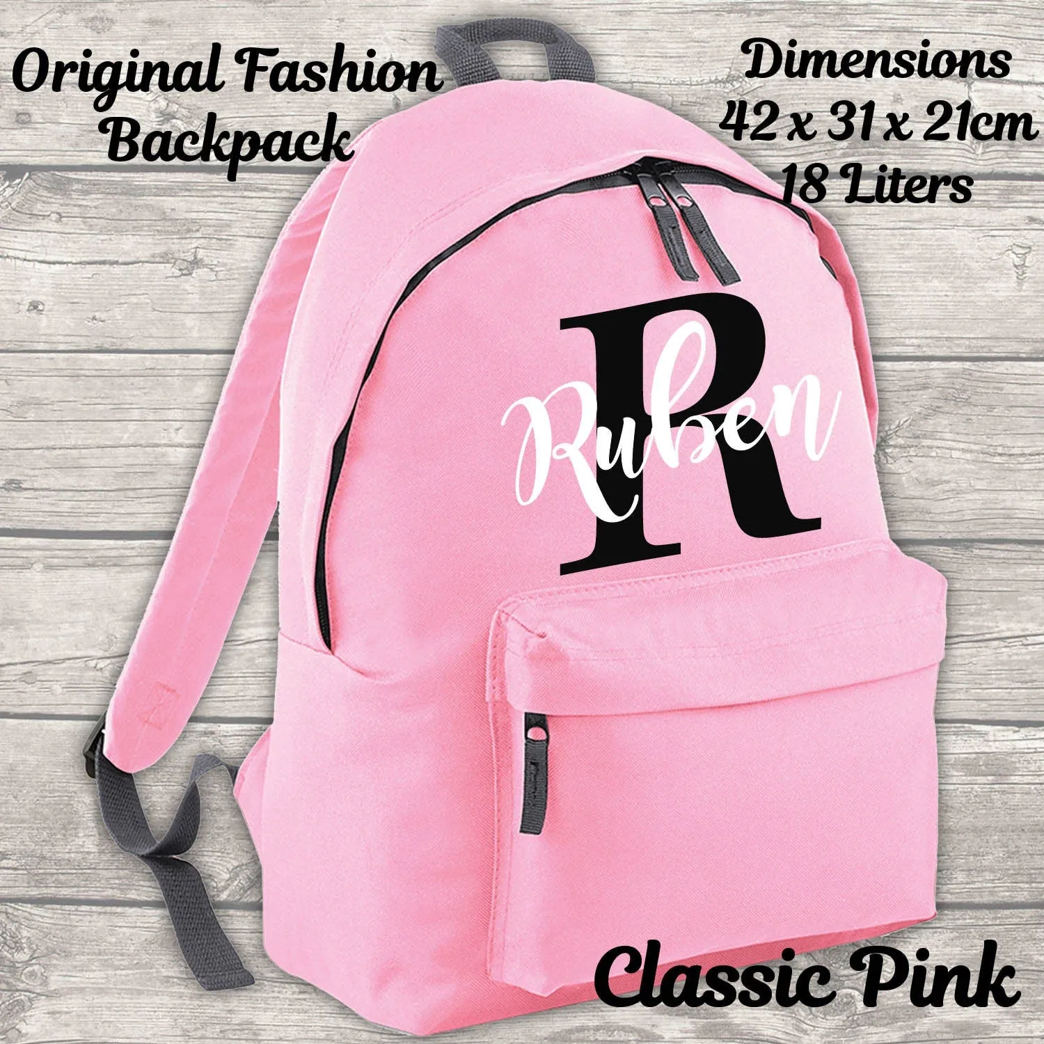 Personalised Backpack Kids 18 12 or 9 Litre Boys Girls Initial Name Lunch Bag Water Bottle Pencil Case School PE Bag Back To School Pink