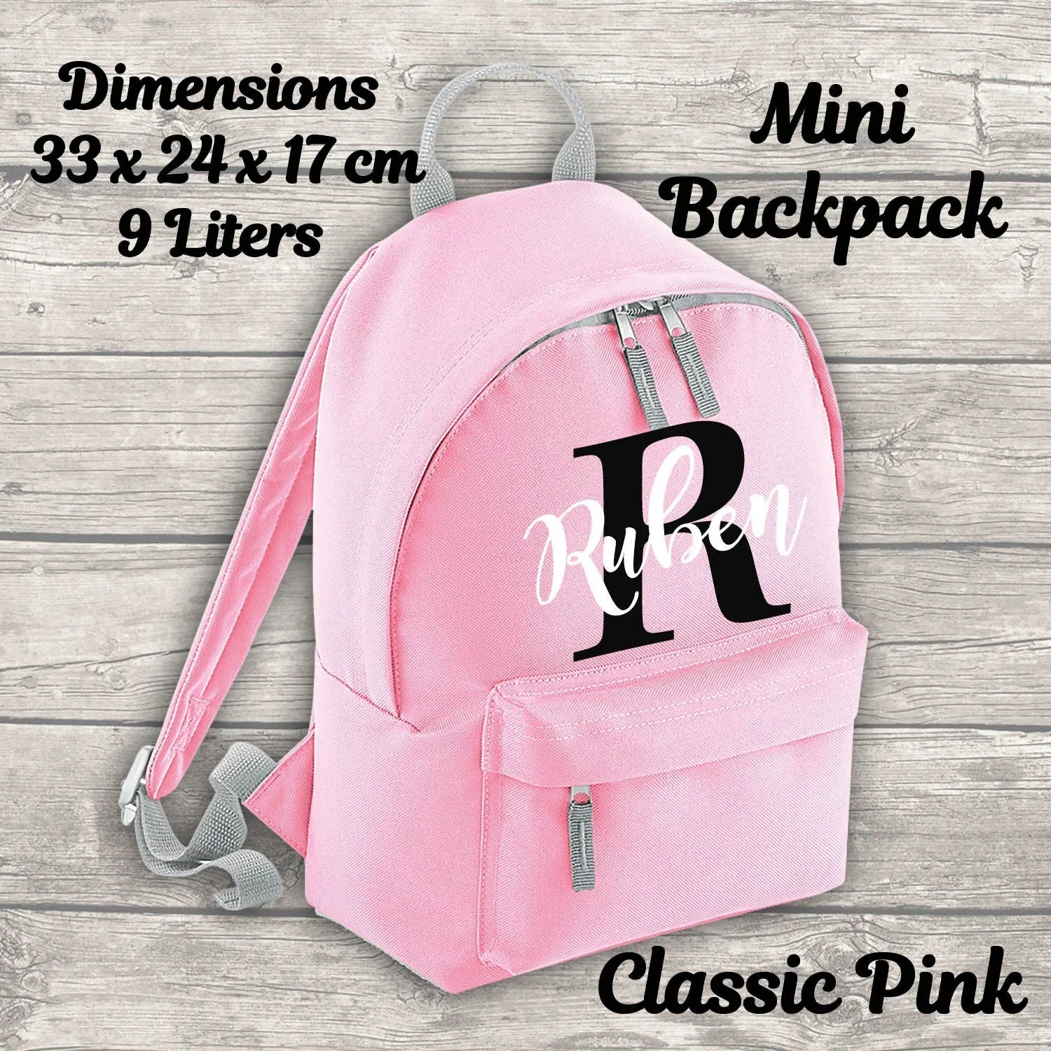 Personalised Backpack Kids 18 12 or 9 Litre Boys Girls Initial Name Lunch Bag Water Bottle Pencil Case School PE Bag Back To School Pink