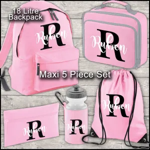 Personalised Backpack Kids 18 12 or 9 Litre Boys Girls Initial Name Lunch Bag Water Bottle Pencil Case School PE Bag Back To School Pink