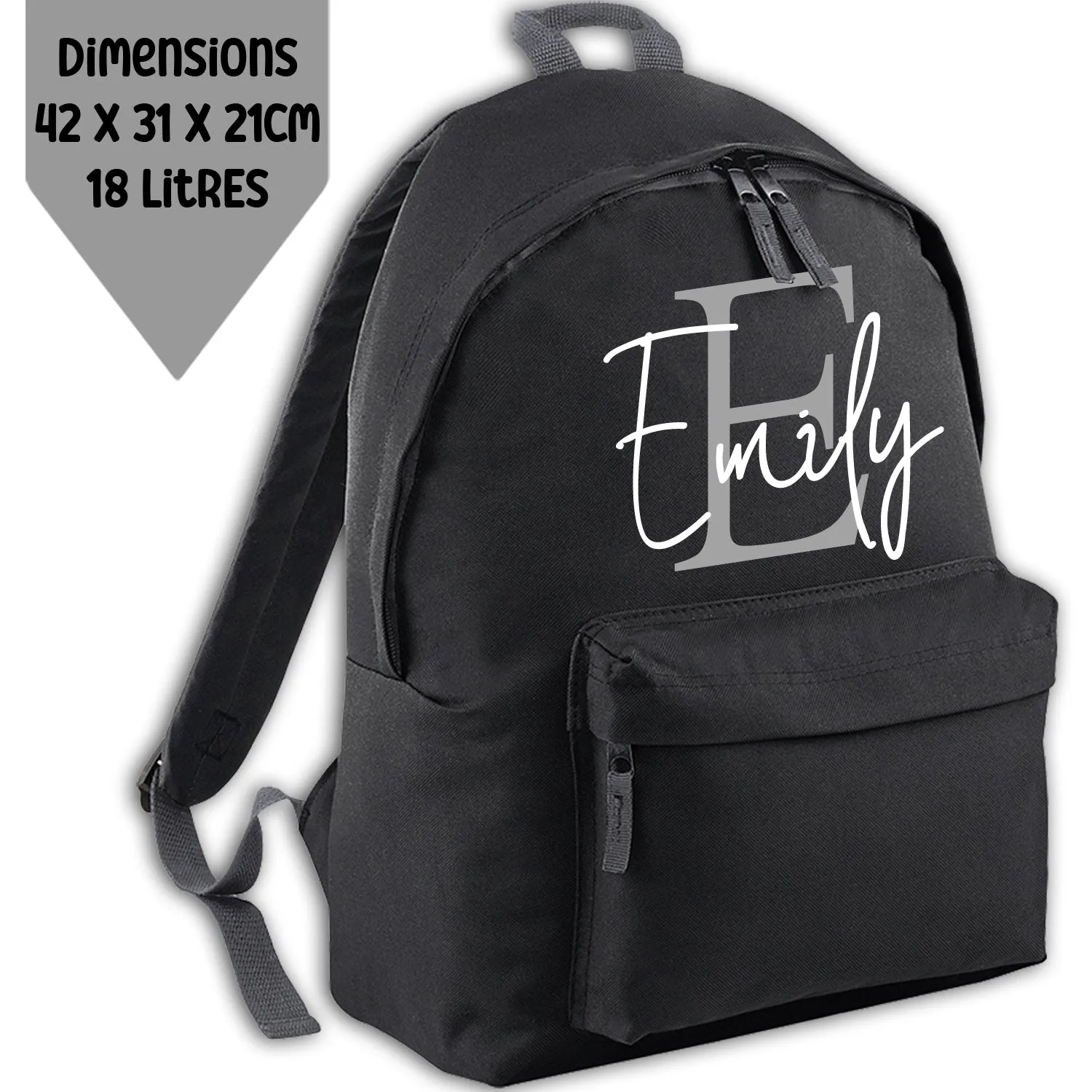 Personalised Backpack Kids 18 12 or 9 Litre Initial and Name Lunch Bag Water Bottle Pencil Case School PE Bag Back To School Black