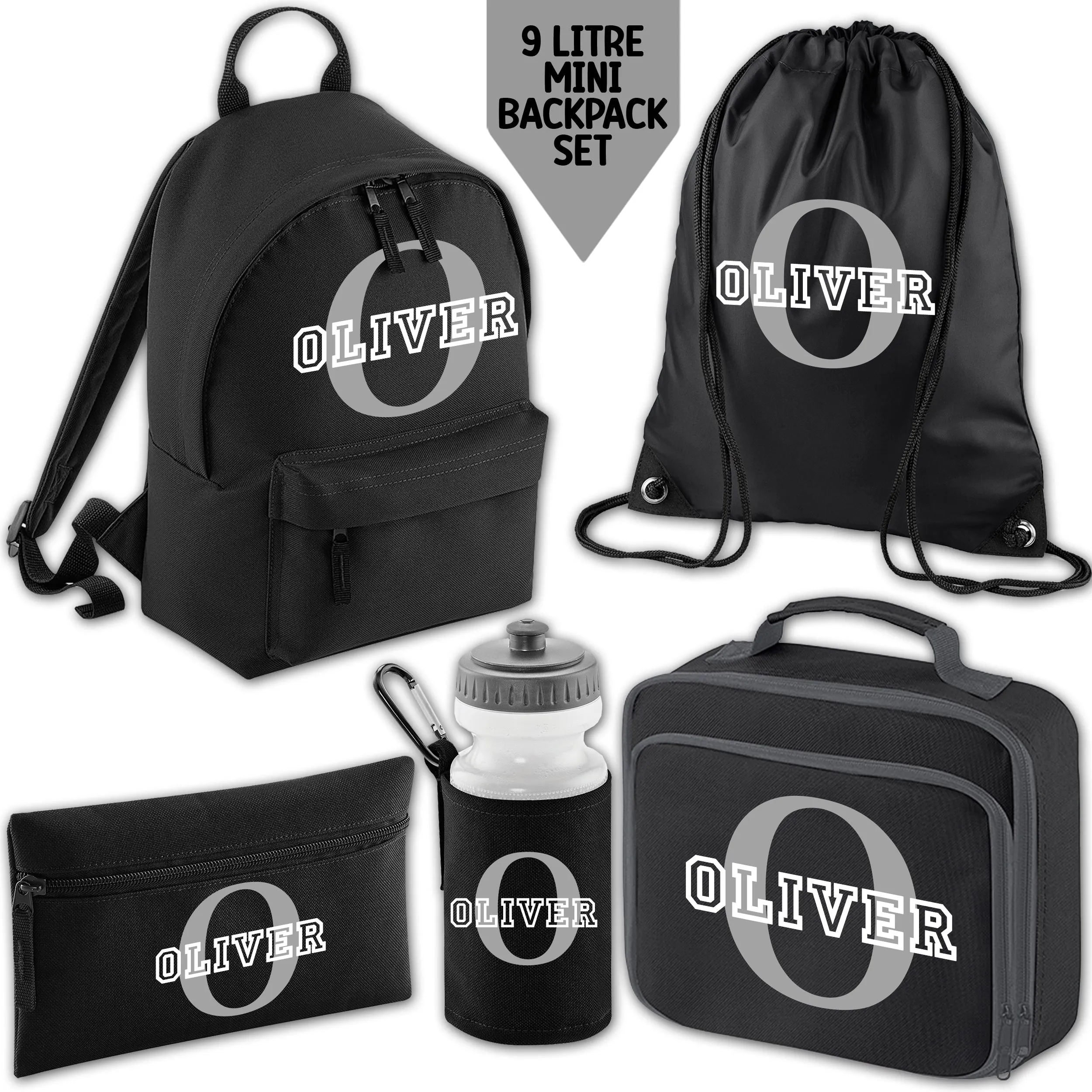Personalised Backpack Kids 18 12 or 9 Litre Initial and Name Lunch Bag Water Bottle Pencil Case School PE Bag Back To School Black