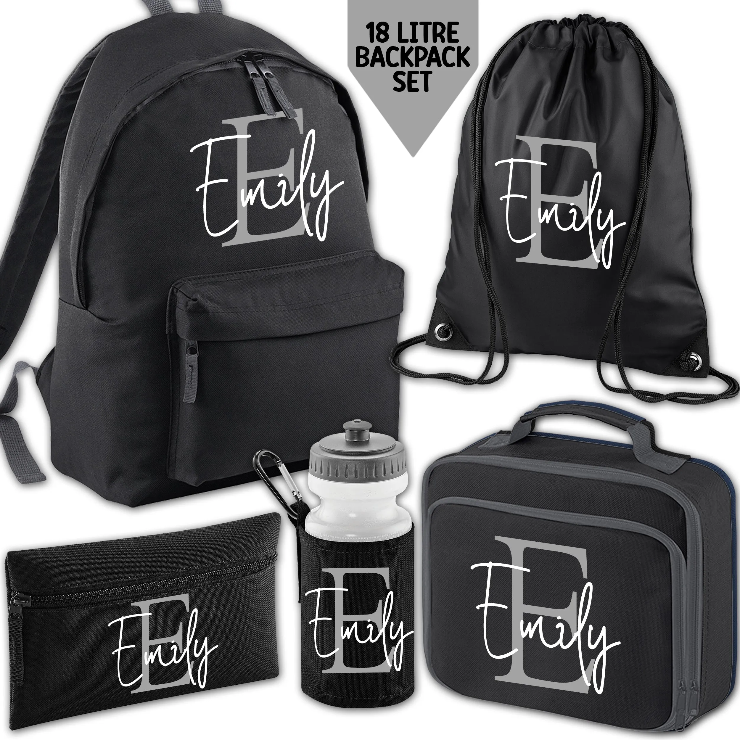 Personalised Backpack Kids 18 12 or 9 Litre Initial and Name Lunch Bag Water Bottle Pencil Case School PE Bag Back To School Black