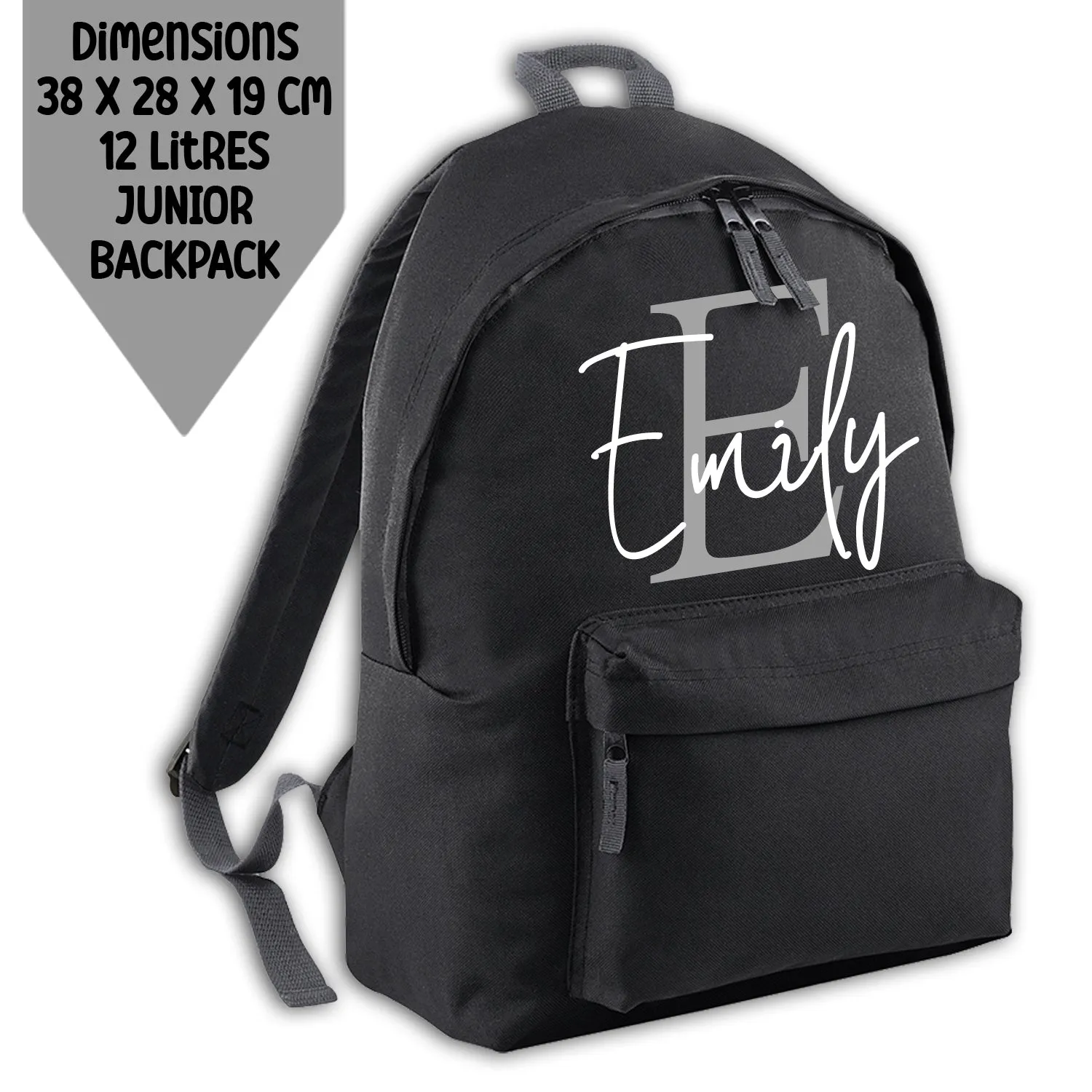 Personalised Backpack Kids 18 12 or 9 Litre Initial and Name Lunch Bag Water Bottle Pencil Case School PE Bag Back To School Black