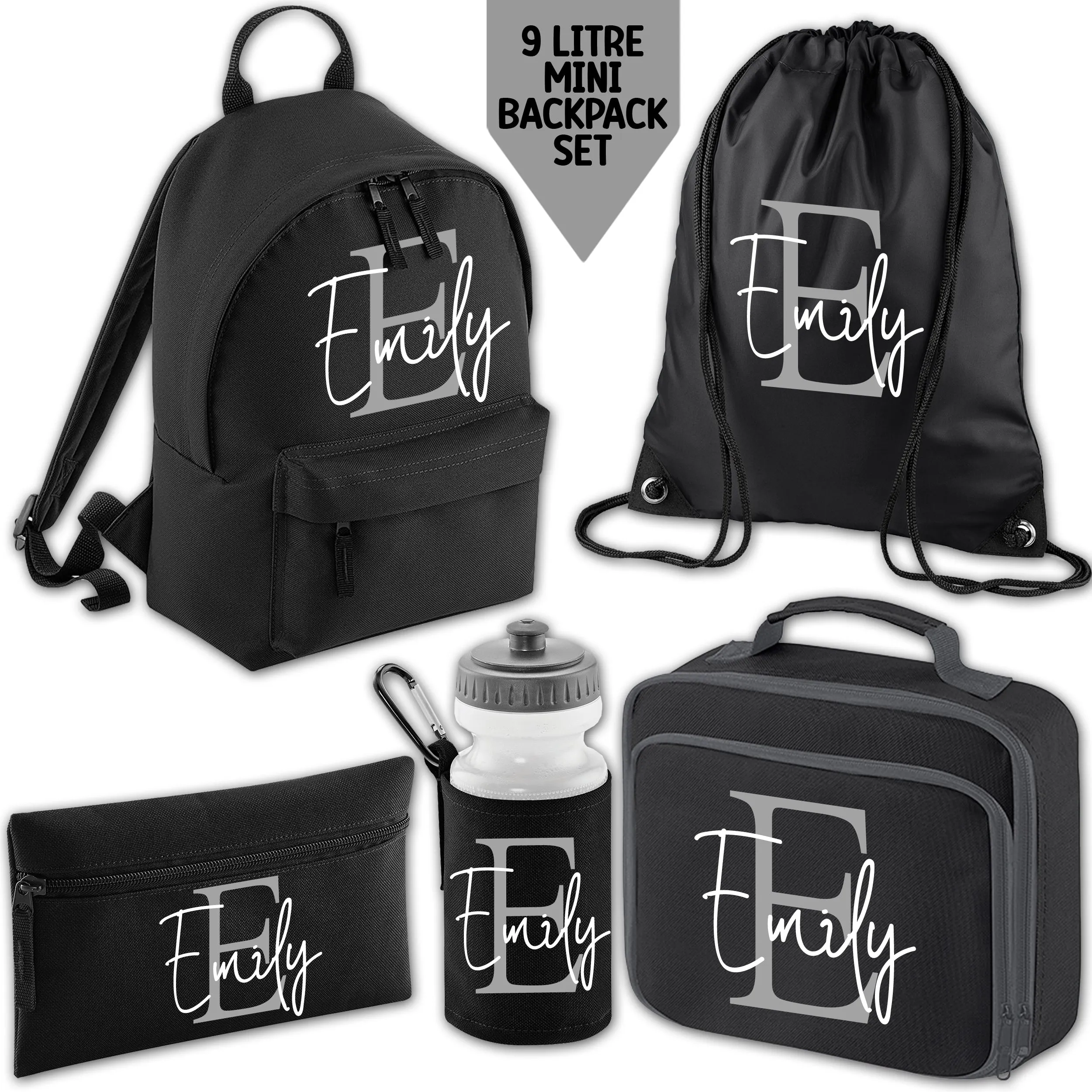 Personalised Backpack Kids 18 12 or 9 Litre Initial and Name Lunch Bag Water Bottle Pencil Case School PE Bag Back To School Black