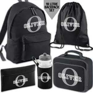Personalised Backpack Kids 18 12 or 9 Litre Initial and Name Lunch Bag Water Bottle Pencil Case School PE Bag Back To School Black