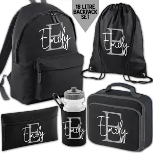 Personalised Backpack Kids 18 12 or 9 Litre Initial and Name Lunch Bag Water Bottle Pencil Case School PE Bag Back To School Black