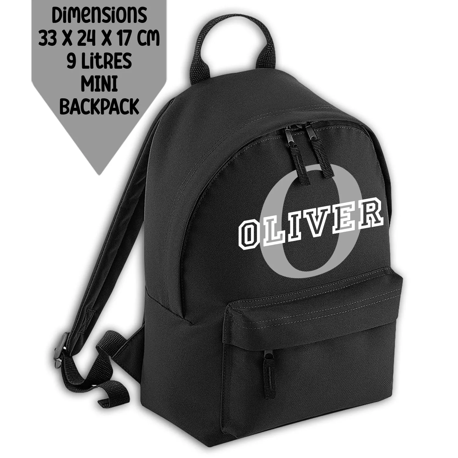 Personalised Backpack Kids 18 12 or 9 Litre Initial and Name Lunch Bag Water Bottle Pencil Case School PE Bag Back To School Black